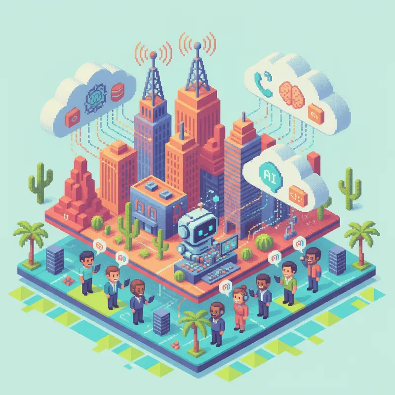 Pixel-art illustration for AI-Powered Call Intelligence for Phoenix Businesses in Phoenix, AZ — cloud phones, network and AI call-intelligence icons.