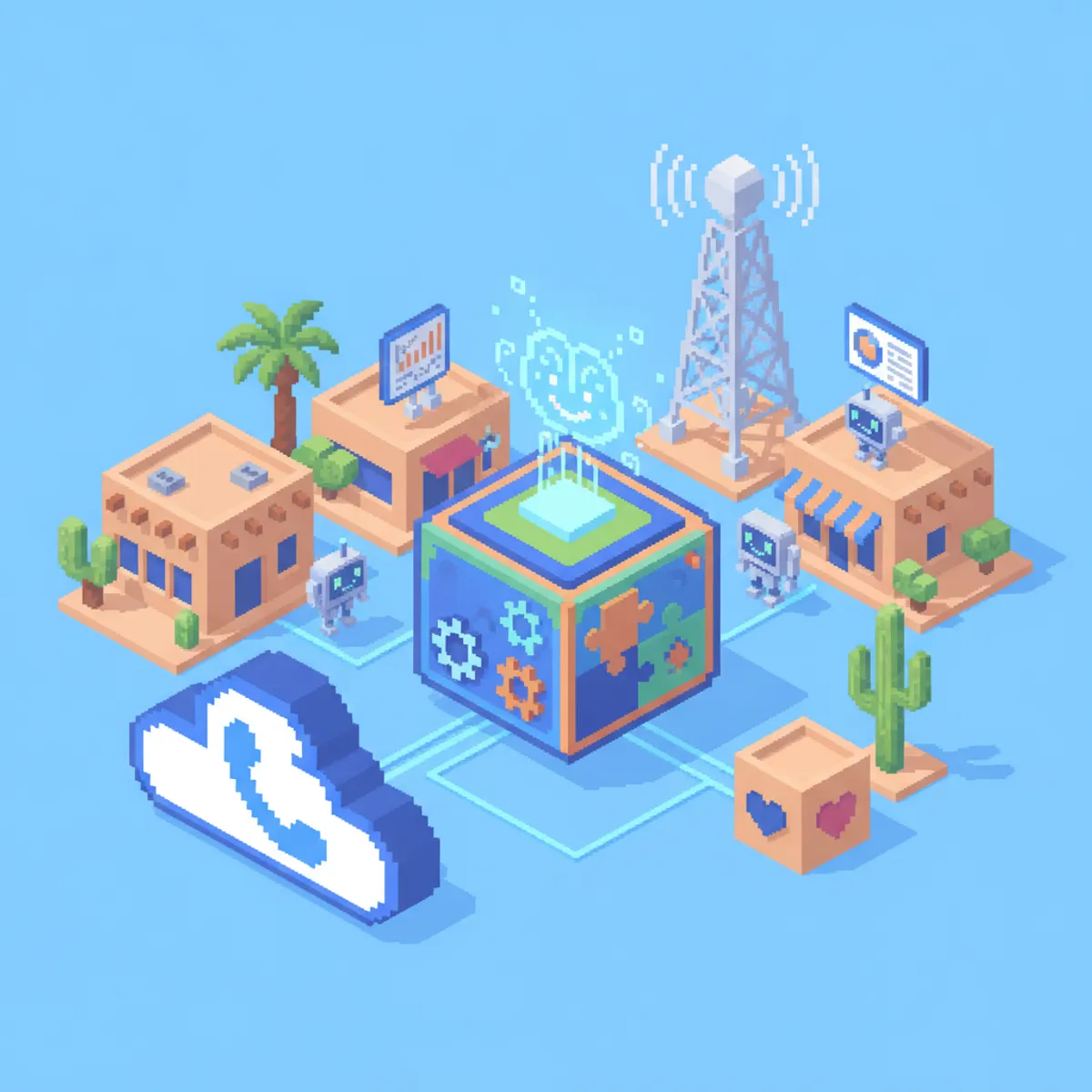 Pixel-art illustration for CRM Integration Services for Chandler, AZ Businesses in Chandler, AZ — cloud phones, network and AI call-intelligence icons.
