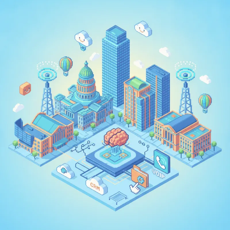 Pixel-art illustration for Boost Efficiency: CRM Integration for Denver Law Firms in Denver, CO — cloud phones, network and AI call-intelligence icons.